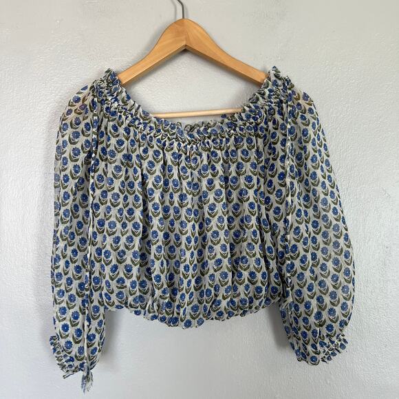 Misa Los Angeles Top Size M Blue White Blouse Ruffle Sleeves On/Off-the-Shoulder - Picture 3 of 11